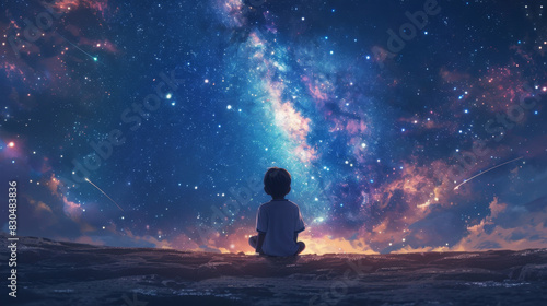 A boy sitting on the ground looking at the stars in the sky, back view, with a milky way galaxy background and a shooting star