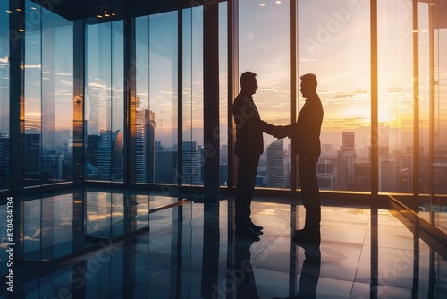 Successful business deal captured with two businessmen shaking hands in a sleek office, embodying partnership and achievement
