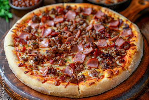 Meat Lover's Pizza loaded with pepperoni, sausage, bacon, and ham.