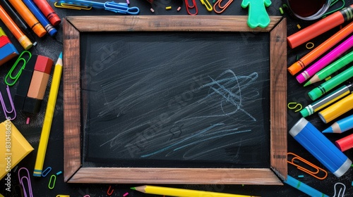 Frame of school supplies including crayons, glue sticks, sticky notes, and chalk, laid out in a flat lay style around a blackboard with ample room for text or design in the center.