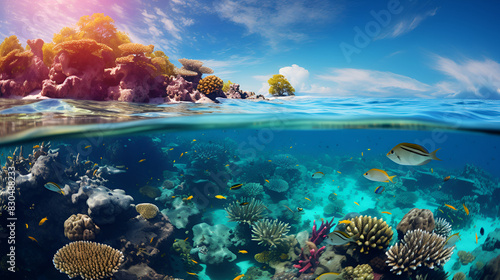 Underwater scene with colorful coral reef and various tropical fish swimming in clear blue water.
