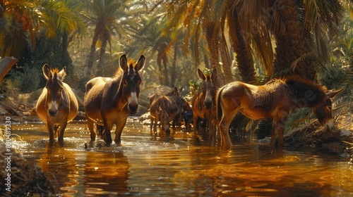 In a tranquil oasis, a group of donkeys quench their thirst, their brays echoing softly across the shimmering water.