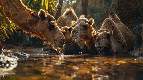 In the cool waters of a desert oasis, a group of camels drink deeply, their long necks bending gracefully as they quench their thirst.