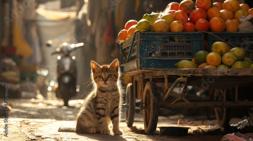 In the narrow alleys of Fez, a stray kitten finds shelter beneath a vendor's cart, its playful antics bringing joy to weary travelers.