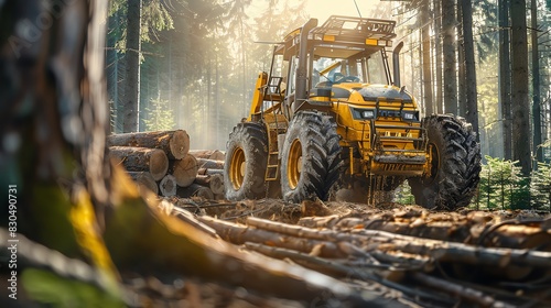 Forestry yarder with a skyline, transporting logs, capturing the dynamic process