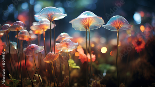 A cluster of mushrooms illuminated by soft lights in a field, creating a magical and enchanting scene.