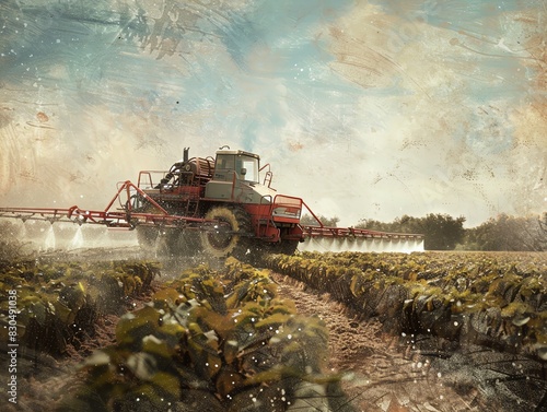 Sprayer machine spraying pesticides, on a crop field, detailed textures