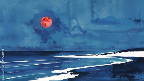 Red harvest moon over twilight blue ocean watercolor like seascape