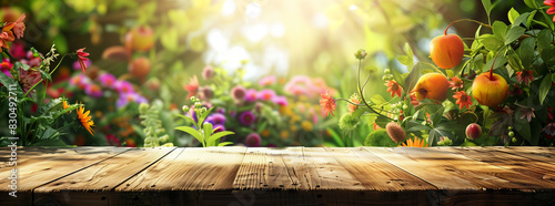 Empty wooden table with bright blurred background and lush garden full of bright flowers and ripe fruits. For displaying garden products, food photography and outdoor dining.