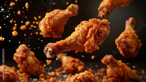 Top view of a spread of crispy fried chicken, with flying coating chicken drumsticks mid-air, isolated background, studio lighting