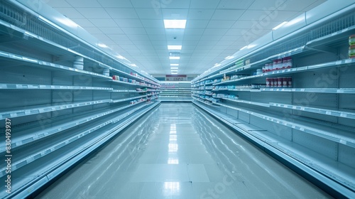 Supermarket shelves completely empty, a stark and raw depiction of bankruptcy and supply disruption