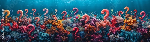 Surreal underwater scene featuring vibrant coral reefs interspersed with large, colorful question marks against a deep blue backdrop. Question mark icon
