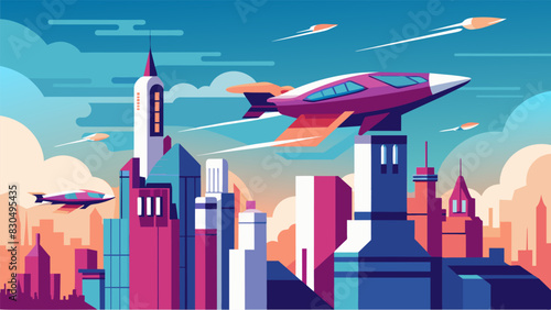 The busy urban landscape is transformed into a futuristic scene as eVTOLs take off vertically their sleek and compact design gliding through the air.. Vector illustration