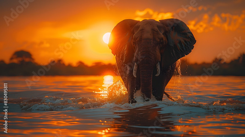 A wet elephant in floodwaters, global warming and the climate crisis. the urgent need for conservation efforts to protect wildlife and their habitats from extreme weather and rising sea levels.