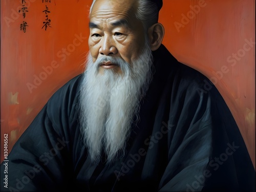 Portrait of an ancient Chinese philosopher with a large grey beard and wearing dark Hanfu clothes on a red background in oil painting style