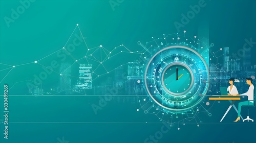 Company Data Analysts Focused on Teal Background with Circular Clock