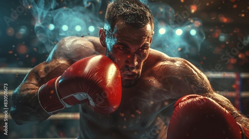 A professional boxer in the ring. He is wearing red boxing gloves and is ready to fight. The background is a blurred out image of a boxing ring.