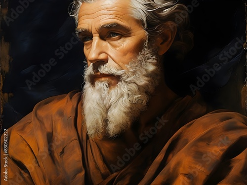 Image of an ancient Greek philosopher with grey beard in oil technique, on a dark background