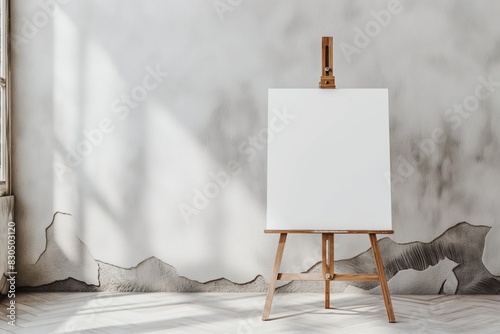 Blank white canvas on a wooden easel standing near a concrete wall