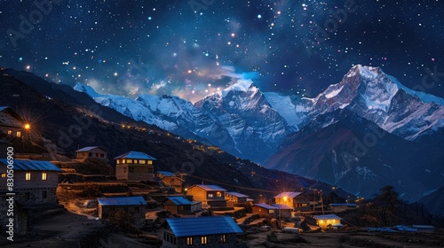 Scenic view of a small village at night with a starry sky above the snow covered Himalayan Mountains