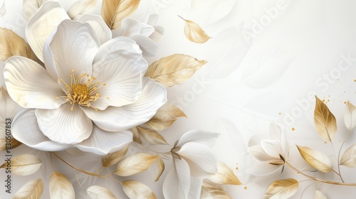 White flower, white pistil and golden leaves background