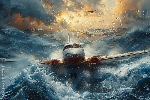 Landscape oil painting strong brush features airplane on the sea ocean, vintage classic wall art, background, wallpaper 