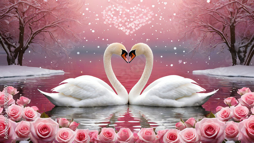 Swan lover forming a heart shape on a pink lake with rose. Romantic valentine background. Wedding card.