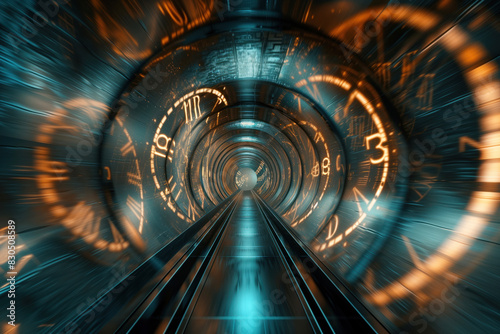 Hyperspace tunnel lined with clocks, capturing surreal visual experience of time travel traffic AI Generative