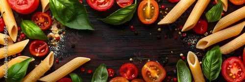 A top down view of a background with Italian food featuring uncooked penne pasta tomato basil parmesan cheese olive oil spices tomato sauce and fresh tomatoes copy space image