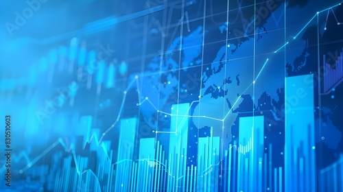 A blurred background with a blue finance graph and investment bar, showcasing growth and success in the market with technology currency reports chart. Business stock world economy AI computer 