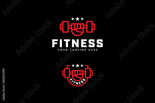 fish hand with barbell logo design for gym fitness training sport club