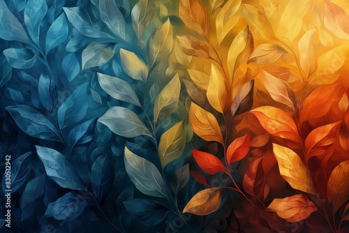 Abstract art featuring vibrant leaves transitioning from cool blue hues to warm orange tones, creating a striking color gradient.