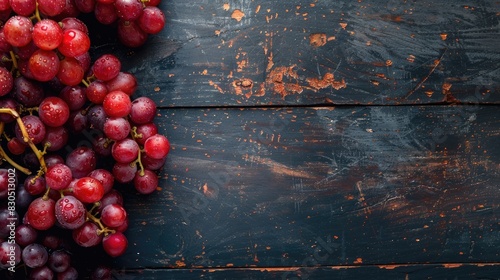 Red grapes displayed on a dark wooden surface