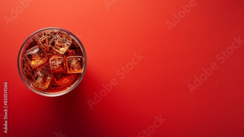  A glass holding ice cubes sits atop a red table Nearby, a cup of ice rests on a red counter top Both are adjacent to a red wall