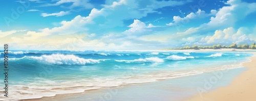 A peaceful seascape with white sand beach and azure blue water under a clear sky.