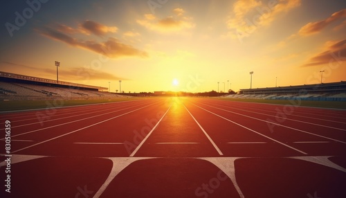 A red running track stretches towards a vibrant sunset, symbolizing ambition and pursuit of goals.