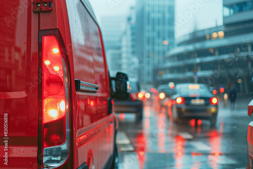 Red van in city traffic during rainy evening.