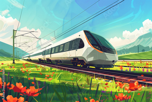 Modern high-speed train traveling through a picturesque countryside with flowers.