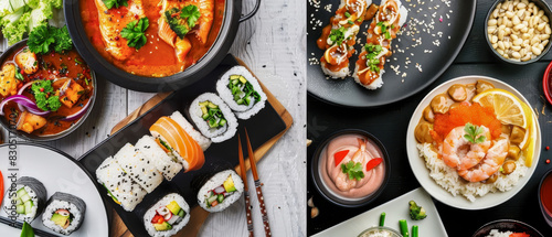 Two plates of food with sushi and other Asian dishes