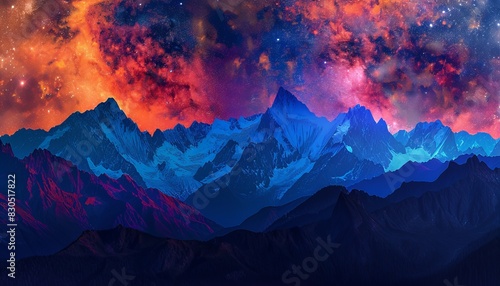 A vibrant, abstract depiction of a mountain range with a glowing, colorful sky above.