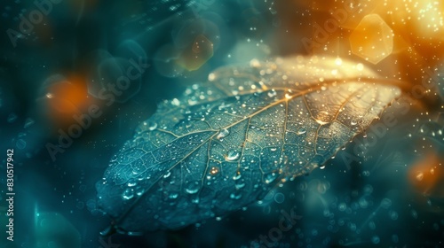  A tight shot of a damp green leaf, adorned with water beads Background softly blurred with yellow and blue hued lights