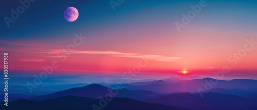 A vibrant sunrise over a mountain range with a crescent moon in the sky.