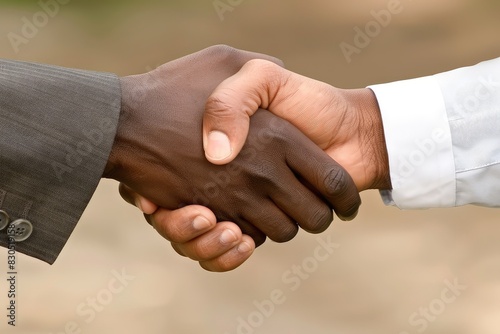 Two business professionals shaking hands firmly, signifying a successful partnership and mutual agreement in a corporate setting
