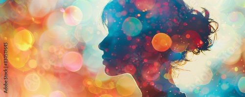 Abstract portrait of a woman with colorful swirls and lights.