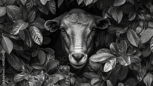  A monochromatic image of a bovine emerging from vegetation with numerous foliage surrounding it