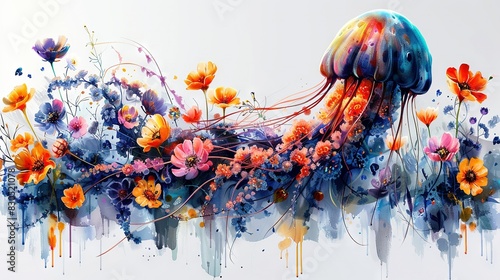  A stunning portrayal of a vibrant jellyfish adorned with floral accents, set against a serene watery backdrop