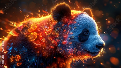  a panda bear's face against a focused background of fire and water is optimal