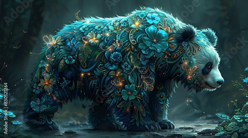  A painting of a panda bear with flowers on its back and numerous butterflies adorning its back
