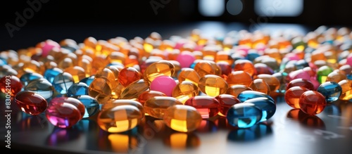 various medical pills falling into glass jar