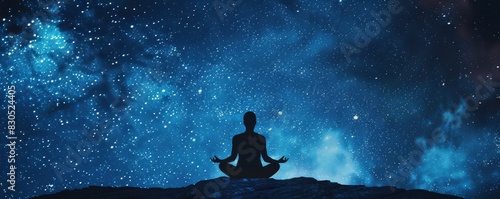 Silhouette of a person meditating under a starry night sky.